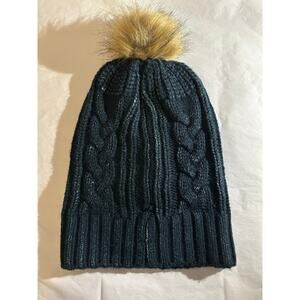 Free People Wool Blend Cable Knit Hat beanie Pom Pom Navy urban outfitters